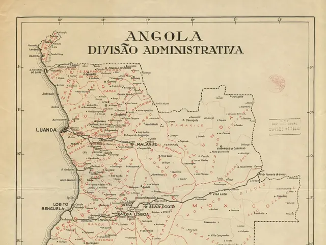 The image shows an old map of Angola with the divisions of the administrative divisions clearly...