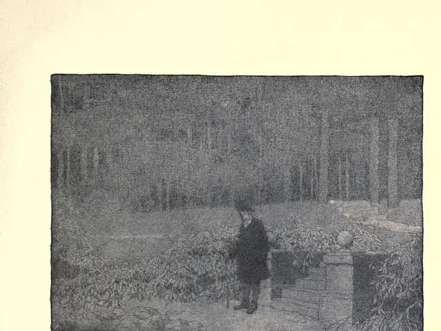 The image shows a man standing in the middle of a pond, surrounded by rocks and trees. The image is...