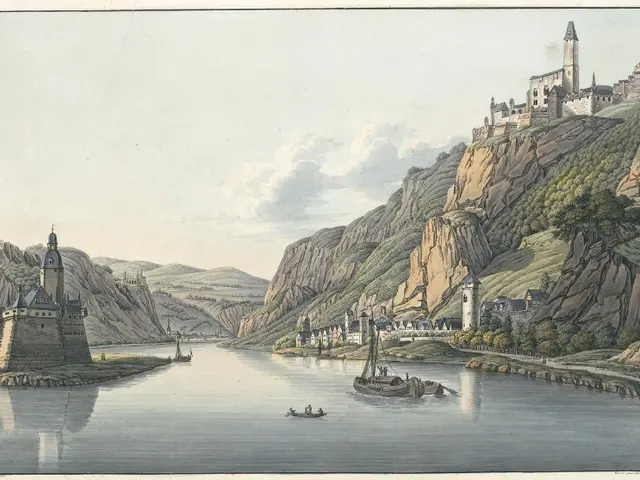 The image shows a painting of a river with boats on it, surrounded by hills, trees, buildings, and...