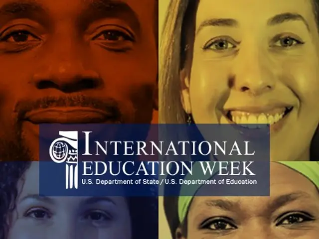 The image shows a collage of four smiling people with the words "International Education Week" in...