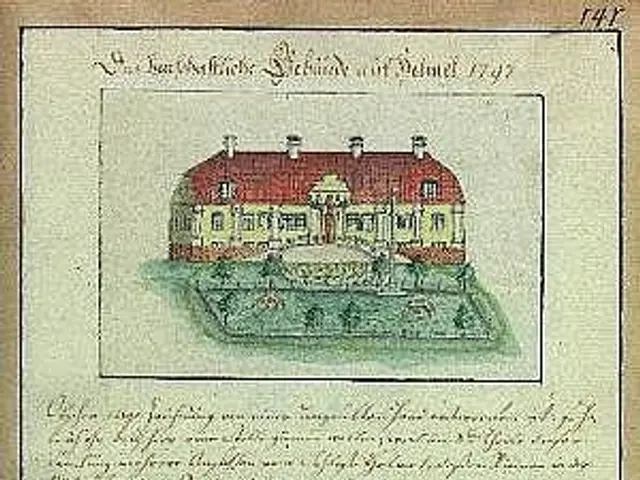 The image shows an old document with a drawing of a house on it, which is believed to be the...