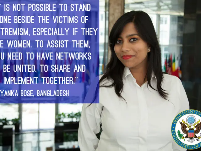 The image shows a woman standing in front of a building with a quote on it that reads, "It is not...