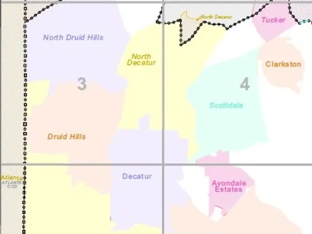 The image shows a poster with a map of Atlanta, Georgia, with different colors representing the...