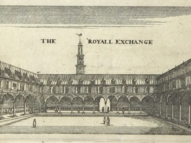The image shows a drawing of the Royal Exchange in London, England, with a building in the center...