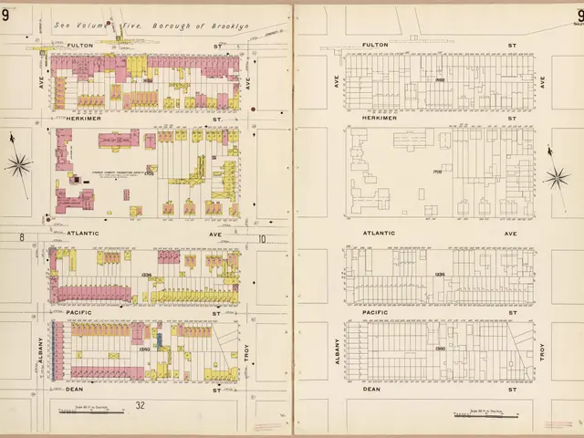 The image shows an old book with a map of the city of Brooklyn, New York. The map is detailed and...