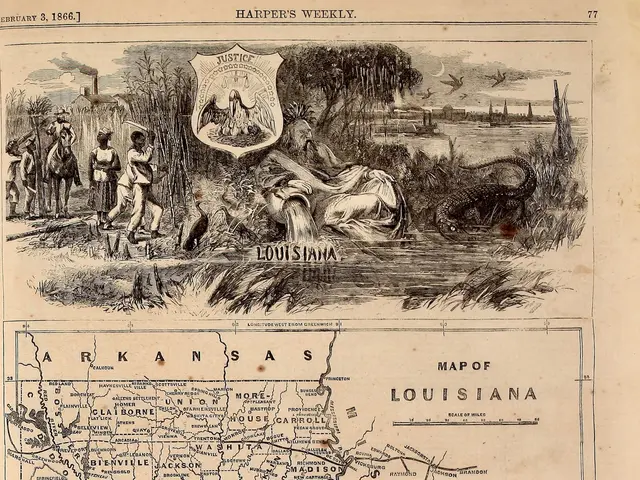 The image shows an old book with a map of Louisiana on it. The map is detailed and shows the...