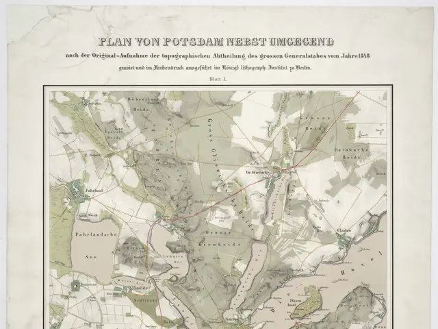 The image shows an old map of the city of Potsdam, Germany, with text at the top and bottom of the...