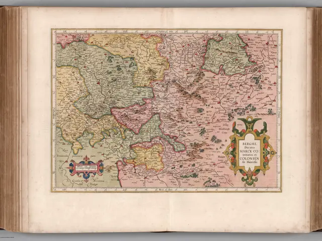 The image shows an open book with a map of Germany on it. The map is detailed and shows the various...