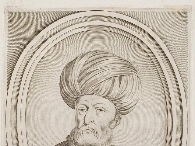The image shows an engraving of a man wearing a turban, with text at the bottom. His face is...