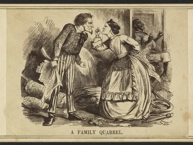 The image shows a family quarrel, with a man and a woman standing in the center of the frame. The...