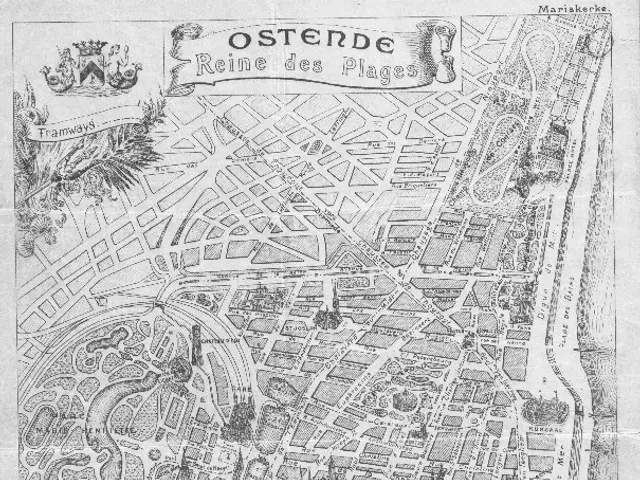 The image shows an old map of the city of Ostend, Germany, with text and pictures on a paper. The...