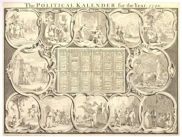 The image shows a political calendar for the year 1740, with pictures of people and text written on...