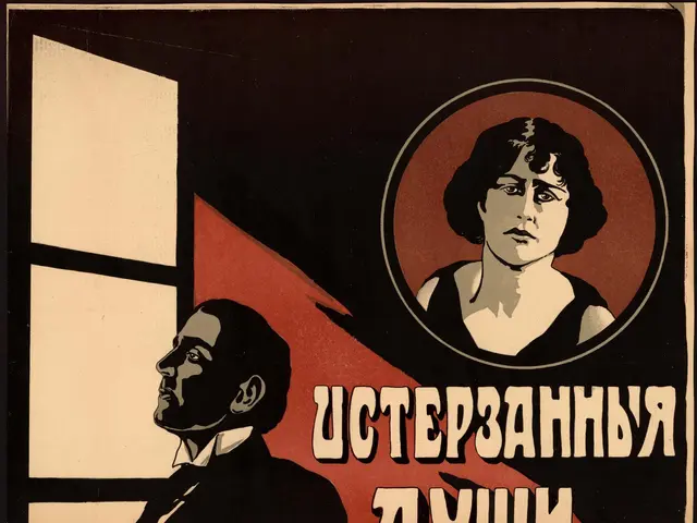 The image shows a Russian propaganda poster for the Soviet Union featuring a man and a woman. The...