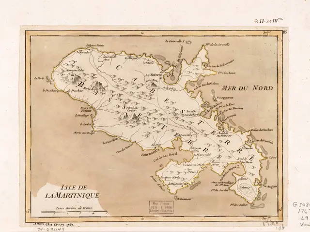 The image shows a map of the island of La Martinique, with text and numbers on a paper. The map is...