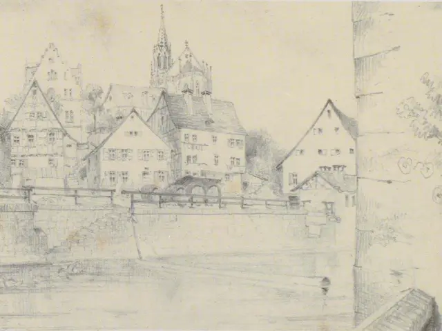 The image shows a drawing of a cityscape with a river running through it, featuring buildings,...
