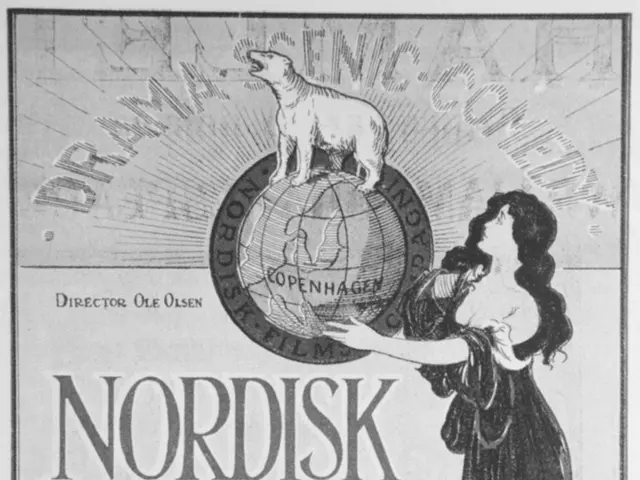 The image shows an advertisement for Nordisk Films Co. London, featuring a woman in a long dress...