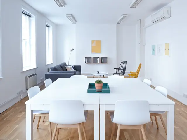 The image shows a white table and chairs in a room with a plant in a tray placed on the table, a...