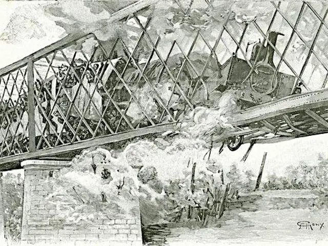The image shows a black and white drawing of a train crossing a bridge, with smoke billowing out of...