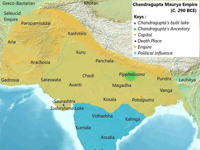 The image shows a map of India depicting the Chandragupta Maurya Empire, with text indicating its...