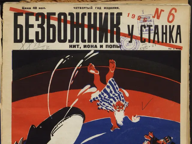 The image shows a book with a Russian propaganda poster on the cover depicting a man in a suit and...