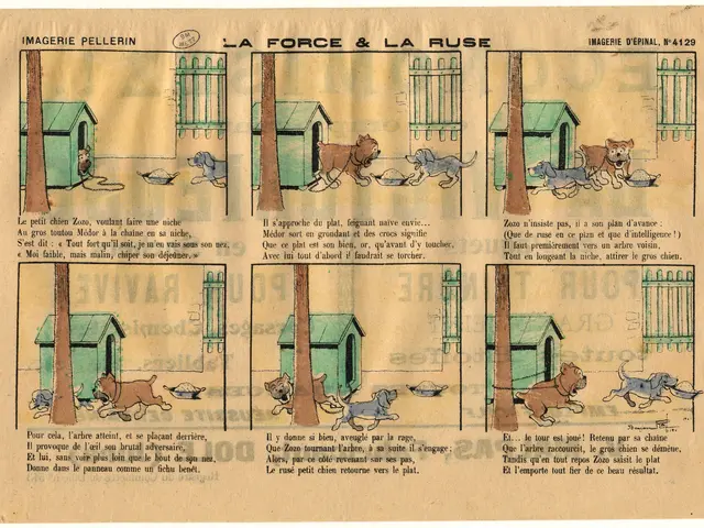 The image shows a paper with a cartoon of a dog and a cat in front of a house, surrounded by trees...