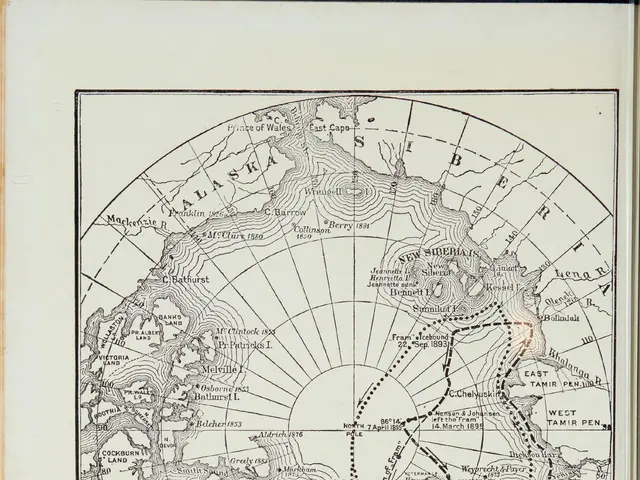 The image shows an old book with a map of the Arctic region on it. The map is detailed and shows...