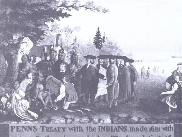 The image shows a poster depicting a group of people standing and sitting in front of a backdrop of...