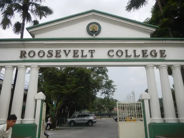 The image shows the entrance to Roosevelt College in Manila, Philippines. It features an arch with...