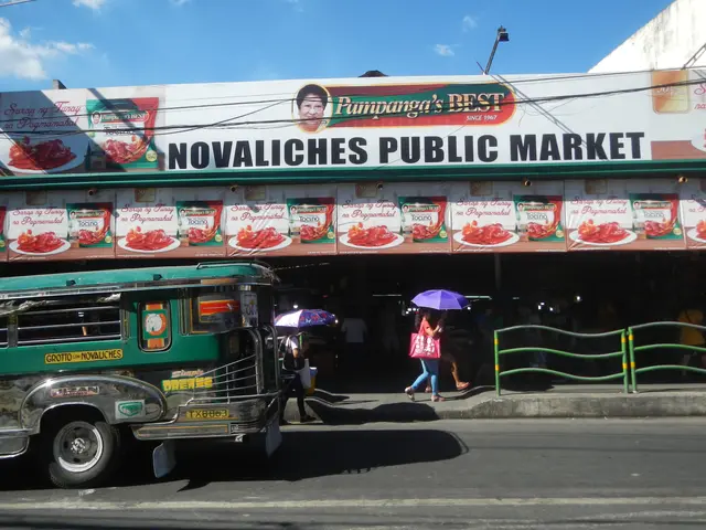 The image shows a bus driving down a street next to a building with a sign that reads "Novaliches...