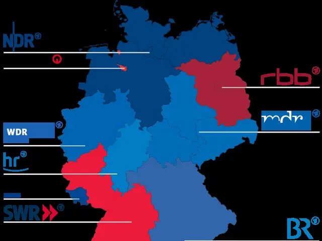 The image shows a map of Germany with the provinces highlighted in red and blue, indicating the...