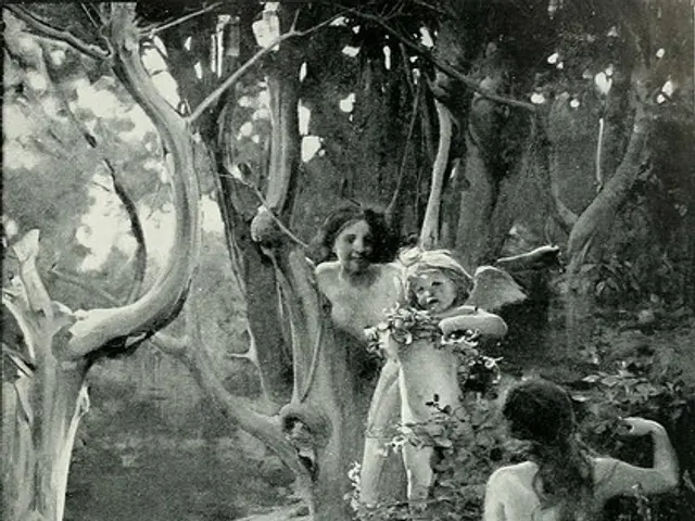 The image shows a black and white photo of three women in the woods, surrounded by trees and grass....