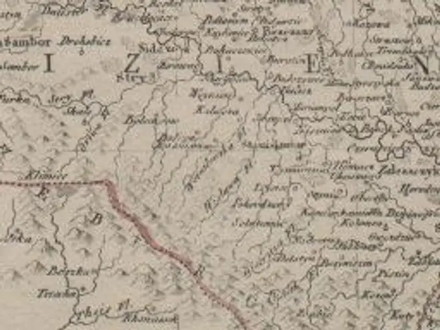 The image shows an old map of Germany with a red line running through it, indicating the route of...