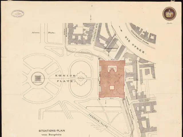 The image shows an old map of the city of Berlin with a red square in the center. The map is on a...