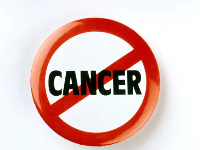 The image shows a red button with the word "Cancer" written on it against a white background.
