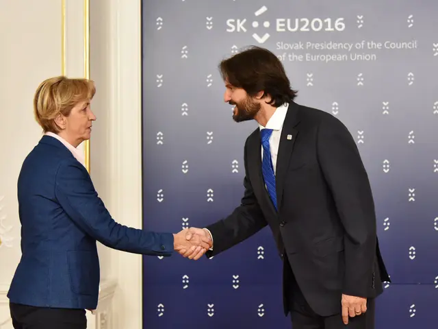 The image shows German Chancellor Angela Merkel and German Chancellor Joachim Gauck shaking hands...