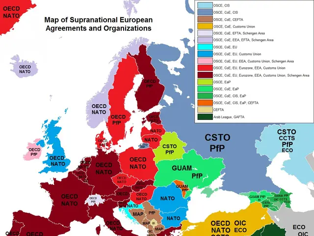 The image shows a poster of a map of Europe with different colors representing the different...