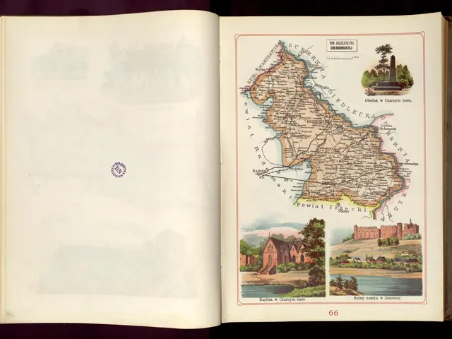 The image shows an open book with a map of Ireland on it, surrounded by pictures of buildings,...