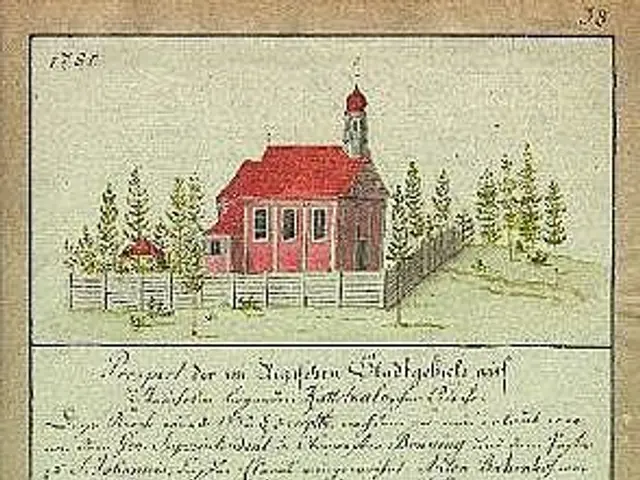 The image shows an old book with a drawing of a red house in the middle of it, surrounded by trees...
