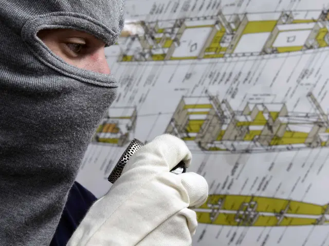 The image shows a man wearing a balaclava and gloves, holding an object in his hand, standing in...