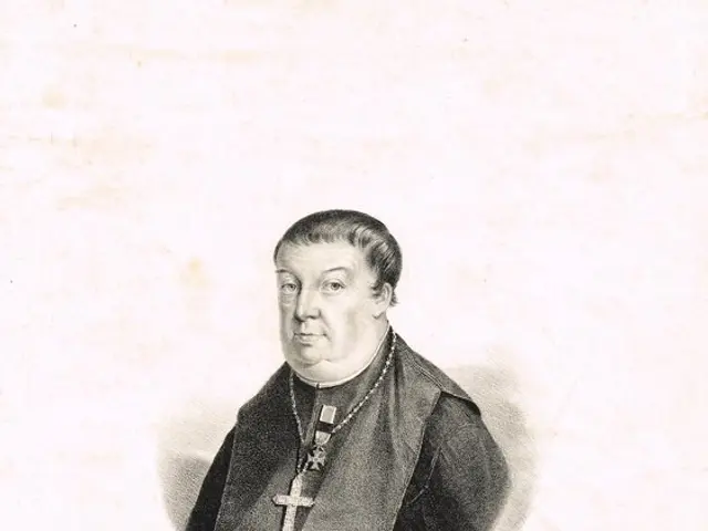 The image shows a black and white photo of a man in a priest's robes, identified as Gottfried...