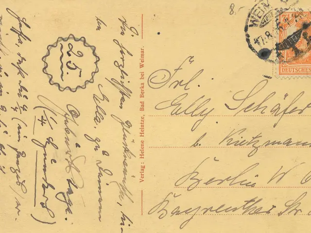 The image shows an old envelope with a stamp on it, addressed to a German post office in Berlin,...