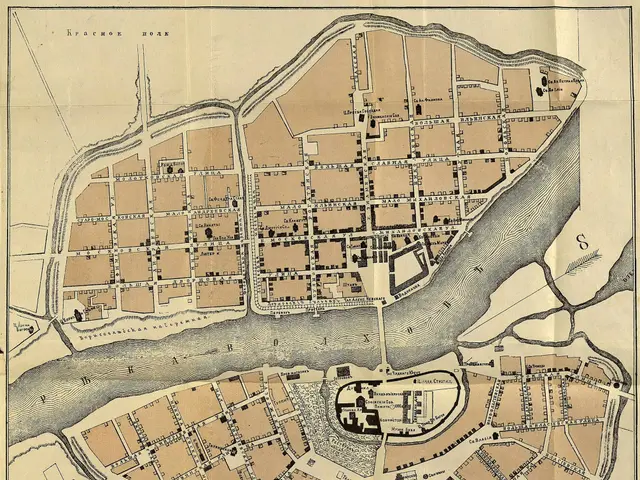 The image shows an old map of the city of Moscow, Russia, with text written on it. The map is...