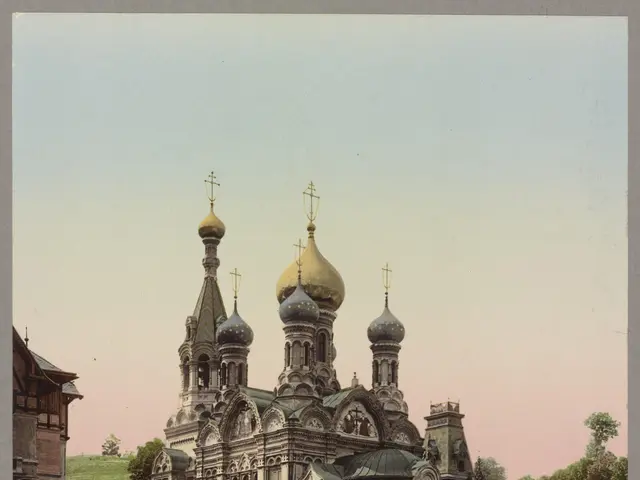 The image shows an old photo of the Church of the Savior on Spilled Blood in St. Petersburg,...
