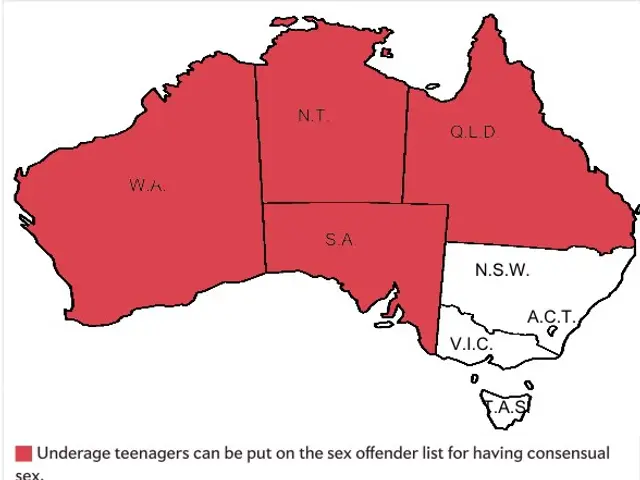 The image shows a map of Australia with red areas indicating the percentage of underage teenagers...