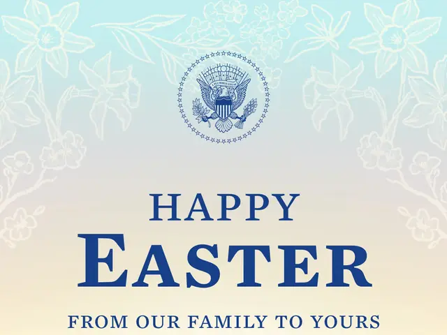 The image shows a poster with the words "Happy Easter from our family to yours" written in a...