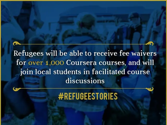 The image shows a poster with text that reads "Refugees will be able to receive fee waivers for...