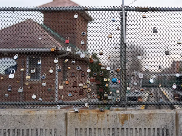 The image shows a fence with many padlocks attached to it, a wall at the bottom, a building in the...