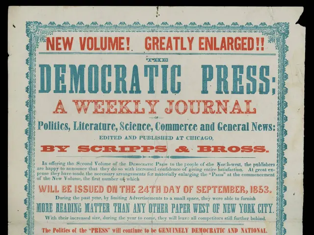 The image shows a paper with the words "Democratic Press: A Weekly Journal" written on it against a...