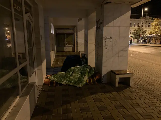 The image shows a homeless person sleeping on the sidewalk in front of a building at night. We can...