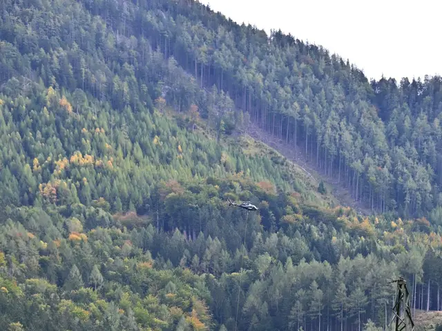 The image shows a small town nestled in the middle of a lush green hillside, surrounded by trees...